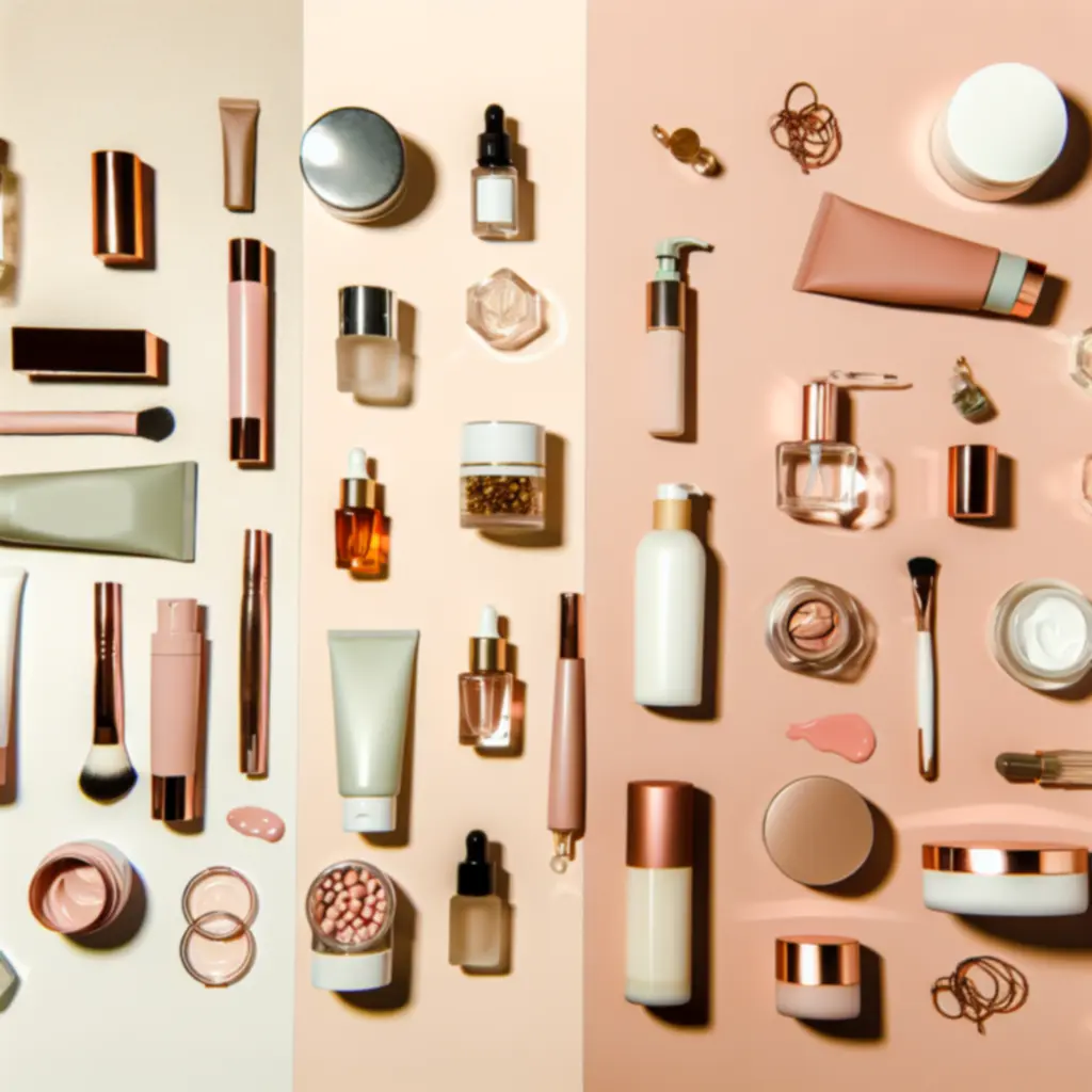Płaskie ujęcie eleganckiej kolekcji kosmetyków ułożonych na jasnym tle.