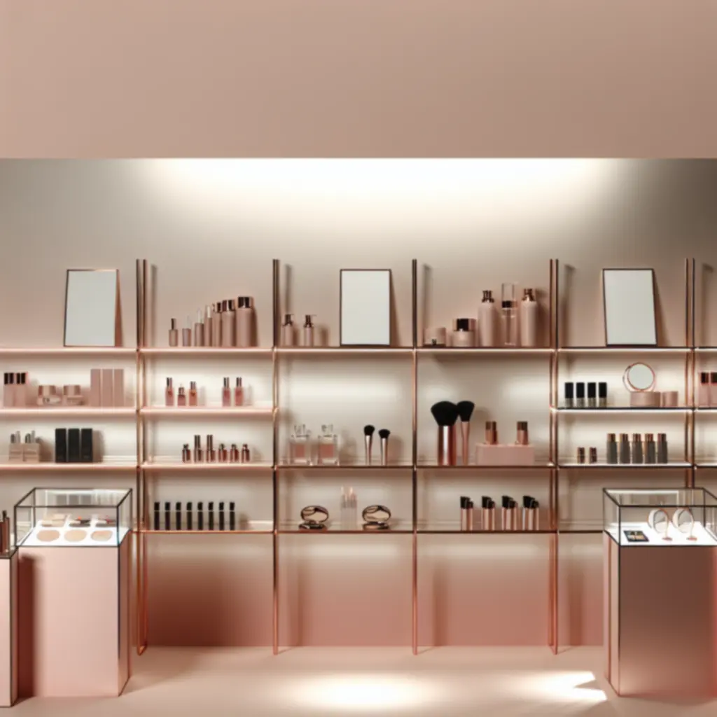 Elegancko zaaranżowane kosmetyki do pielęgnacji i makijażu w odcieniach pudrowego różu.