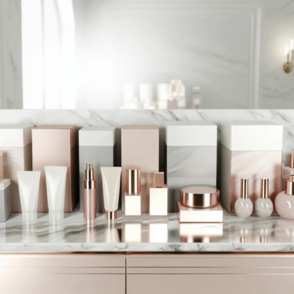 Luksusowa ekspozycja kosmetyków do pielęgnacji i makijażu w odcieniach pudrowego różu i kości słoniowej.