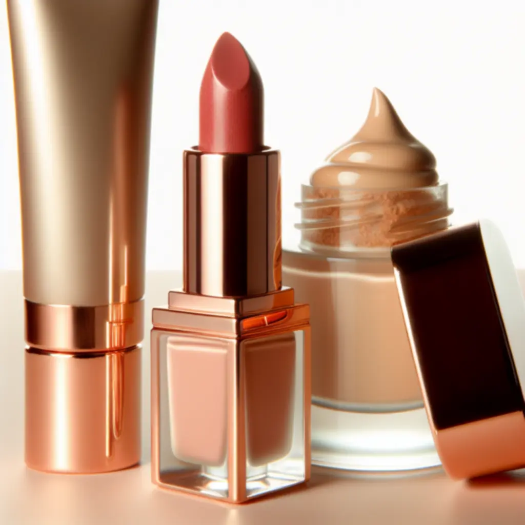 Luksusowe detale opakowań kosmetyków do makijażu z różowozłotymi akcentami