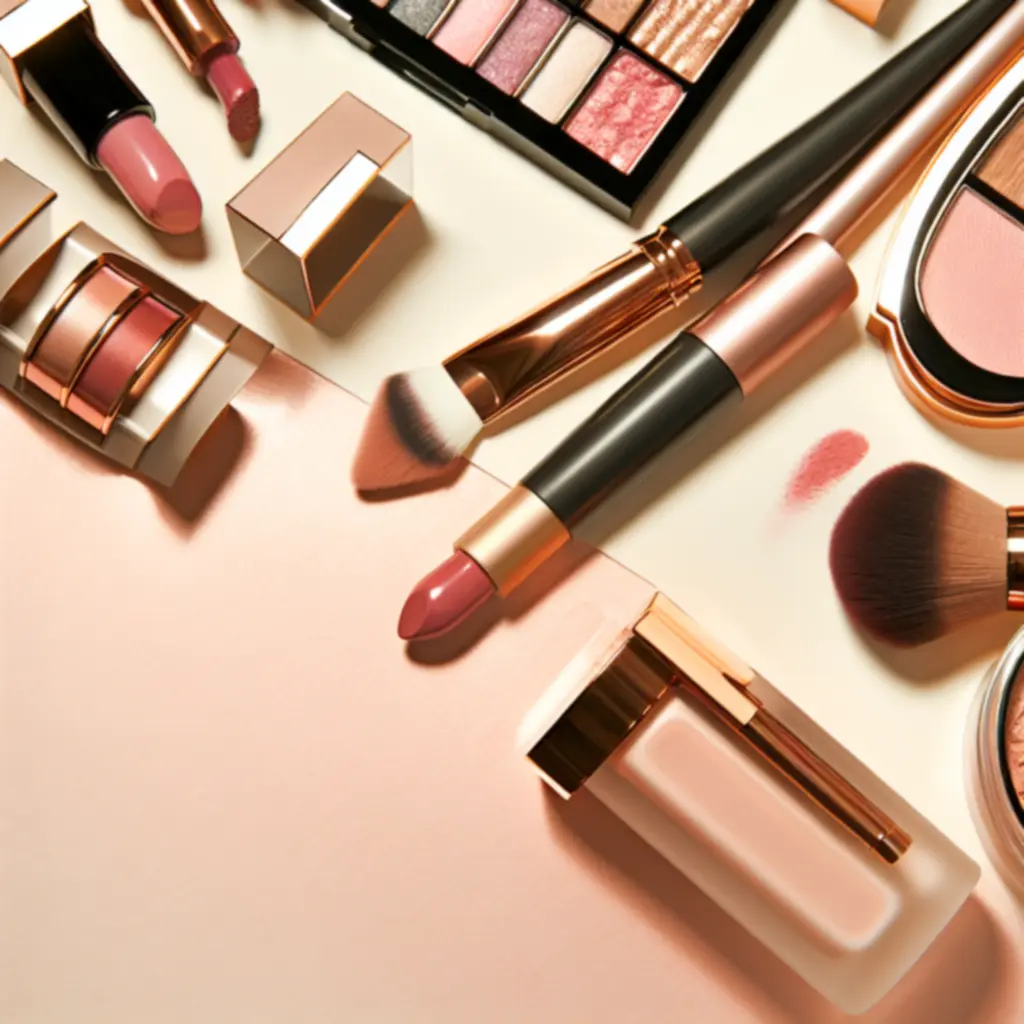 Elegancka kolekcja kosmetyków do makijażu ułożona na jasnoróżowym tle