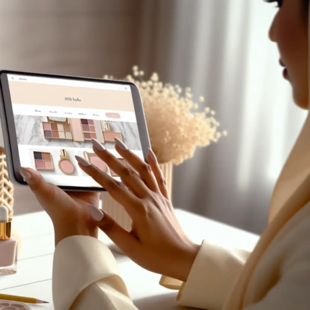 Zakupy kosmetyków BeautyCarePL na smartfonie, tablet i laptop widoczne na jasnym tle