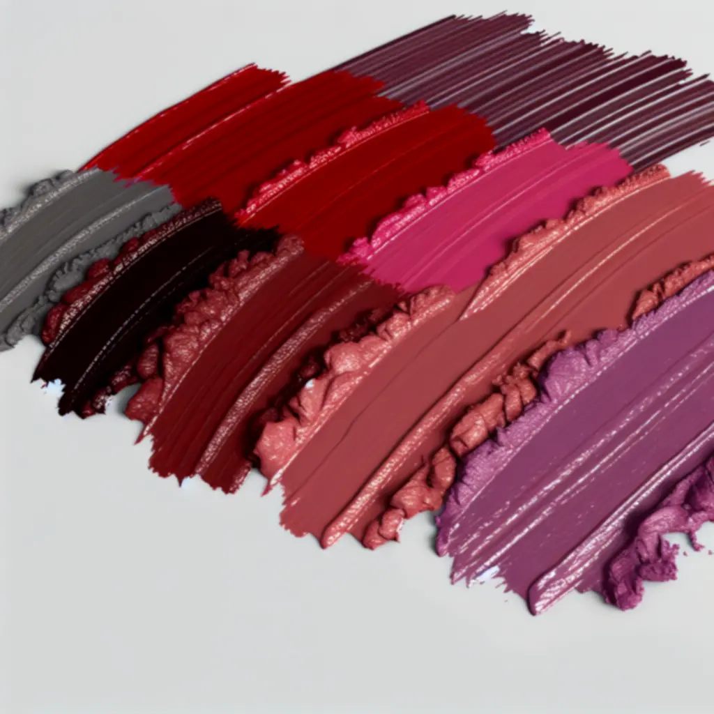 Kolorowe swatche kosmetyków do makijażu na jasnoróżowym tle